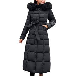 Wintermantel für Damen, lang, mit Schleife, eleganter Maximantel mit flauschigem Kragen, einfarbig, mit Kapuze, Schnürung, Kunstwolljacke mit Tasche, langärmelig, Outdoor, gepolsterte Jacken, Schwarz von HaicoM