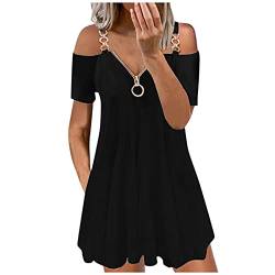 Haiorziyou Damen Sommerkleid Kalte Schulter Zipper V-Ausschnitt Strandkleider Kurzarm Plain/Bedrucktes Freizeitklied Frauen A-Linie Elegantes Kleid Sommer Schlinge Faltenrock, Schwarz,L von Haiorziyou