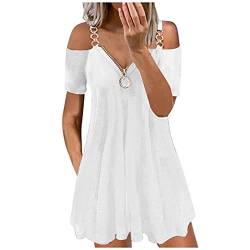 Haiorziyou Damen Sommerkleid Kalte Schulter Zipper V-Ausschnitt Strandkleider Kurzarm Plain/Bedrucktes Freizeitklied Frauen A-Linie Elegantes Kleid Sommer Schlinge Faltenrock, Weiß,M von Haiorziyou