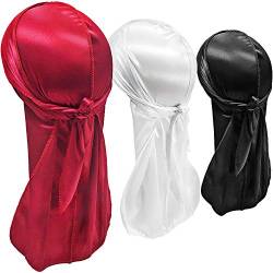 Hairizone Seidige Durags 3er Pack für Herren Wellen-Stirnbänder (schwarz, weiß, rot) von Hairizone