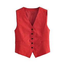 Elegante Streetwear Ärmellose kurze Anzugweste Damen Vintage Slim V-Ausschnitt Einreihige Blazer Weste, rot, Large von Haitpant