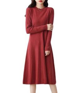 Haitpant Damen 100% Merinowolle Pullover Kleid Herbst Winter Gestreift Rundhals Faltenrock Pullover, rot, Medium von Haitpant