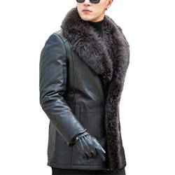 Haitpant Männliche Pelzkragen Lange Lederjacke Winter Warm Echtes Leder Mantel, schwarze lange Jacken, XL von Haitpant