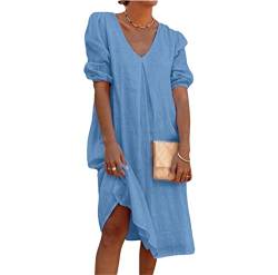 Haitpant Sommerkleid aus Baumwoll-Leinen, einfarbig, mittelgroß, langärmelig, lässig, lockeres Kleid, weißes Kleid, blau, XX-Large von Haitpant