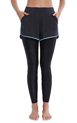 Halcurt 2-in-1 Damen-Badehose, LSF 50+, lange Schwimm-Leggings, Boardshorts mit Tasche, hohe Taille, Badehose, Schwarz, XL von Halcurt