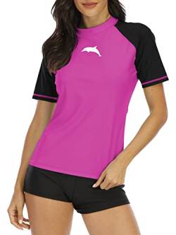 Halcurt Damen Kurzarm-Badehemd UPF 50 Rash Guard Shirt Badeanzug Top Pink L von Halcurt