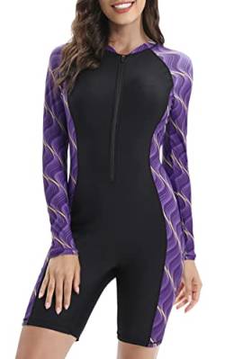 Halcurt Damen Langarm Badeanzug Schwimmanzug Surf UV Shirt UPF 50+ Reißverschluss Schutzkleidung Rashguard L von Halcurt