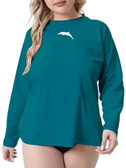 Halcurt Damen Plus Size Langarm Rashguard Loose Fit Swim Shirt Upf50+ Sonnenschutz Badeanzug Top, Pfauenblau, 1x von Halcurt