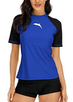 Halcurt Damen Rash Guard Bademode für Schwimmen Surfen Tauchen Sport Badeanzug Kurzarm UV-Schutz Blau L von Halcurt