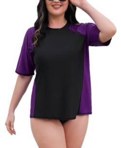 Halcurt Damen Rash Guard Übergröße UV Shirt Kurzarm mit BH UPF 50+ Sonnenschutz Badeshirt Schwimmshirt Schnell Trocknender Bademode 1X von Halcurt