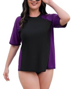 Halcurt Damen Rash Guard Übergröße UV Shirt Kurzarm mit BH UPF 50+ Sonnenschutz Badeshirt Schwimmshirt Schnell Trocknender Bademode 3X von Halcurt