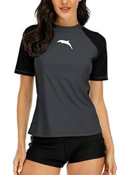 Halcurt Damen Rashguard UV Shirt, Athletic Swim Shirt,Kurzarm Badeshirt Badenmode Tankini Grau M von Halcurt