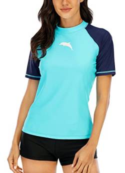 Halcurt Damen Rashguard UV Shirt, Athletic Swim Shirt,Kurzarm Badeshirt Badenmode Tankini Himmelblau L von Halcurt