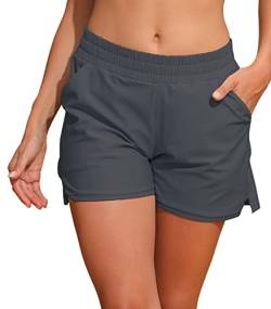 Halcurt Damen Swim Boardshorts Pocket Bademode Shorts V-Slit Beachwear Unterteile Grau Klein von Halcurt