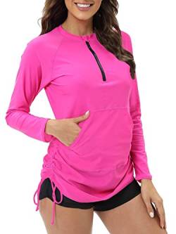 Halcurt Damen UPF 50+ Rash Guard Half Zip Hooded Long Sleeve Swimsuit Top, Neon Pink, X-Large von Halcurt