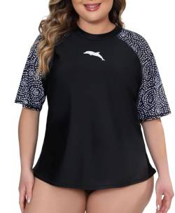 Halcurt Damen UV Shirt Übergröße Rash Guard Kurzarm mit BH UPF 50+ Sonnenschutz Badeshirt Schwimmshirt Schnell Trocknender Bademode 2X von Halcurt