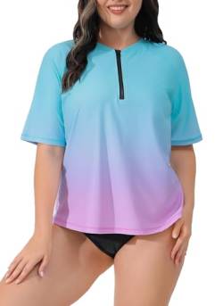 Halcurt Schwimmshirt Damen Übergröße Rash Guard Kurzarm 1/4 Zip UV Shirt UPF 50+ Badeshirt Schnell Trocknender Bademode 1X von Halcurt
