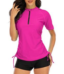 Halcurt UPF 50 Rash Guard Badeanzug Damen Kurzarm Zip Front Swim Top Pink L von Halcurt