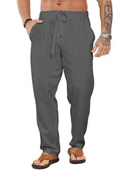 Halfword Leinenhose Herren Hose Lang Freizeithose Strandhose Sommer Leichte Tasche Kordelzug Urlaub Grau L von Halfword