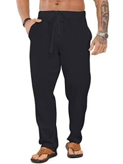 Halfword Leinenhose Herren Hose Lang Freizeithose Strandhose Sommer Leichte Tasche Kordelzug Urlaub Schwarz M von Halfword