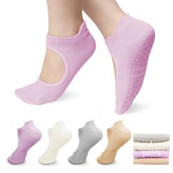 Halinuia 4 Paare Yoga Socken | Abs Socken Damen 35-40 | Antirutschsocken Damen für Pilates, Yoga, Ballett, Fitness, Gymnastik | Yoga Geschenke für Frauen(Braun Grau Beige Hellviolett) von Halinuia