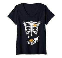 Damen Halloween Skelett Baby Rib Cage Umstandskostüm Schwangere T-Shirt mit V-Ausschnitt von Halloween Maternity Pregnancy Gifts Pumpkin Baby