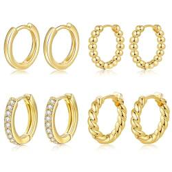 Halora 4 Pairs Creolen Ohrringe Gold Silber Set Klein Zirkonia Hoops Ohrringe Damen Schmuck Geschenke (Gold-4 pairs-10mm) von Halora