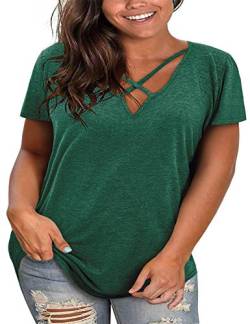 Damen-T-Shirt, Übergröße, kurzärmelig, V-Ausschnitt, sexy Criss Cross T-Shirt Tops Casual Loose Cotton Tees - Grün - X-Groß von Haloumoning