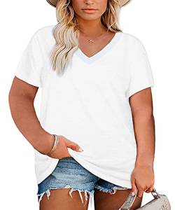 Damen T-Shirt mit V-Ausschnitt, kurzärmelig, lockere Passform, weiche Basic T-Shirts, 01-weiß, XXX-Large Mehr von Haloumoning