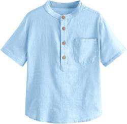 Haloumoning Jungen Hemd Leinen Kurzarm Henley Shirt Sommer Einfarbig Shirt Regular Fit Casual Freizeit Hemd Party Hemd für Kinder (3-14 Jahre) Blau 120 von Haloumoning