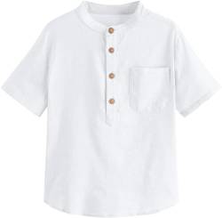 Haloumoning Jungen Hemd Leinen Kurzarm Henley Shirt Sommer Einfarbig Shirt Regular Fit Casual Freizeit Hemd Party Hemd für Kinder (3-14 Jahre) Weiß 120 von Haloumoning