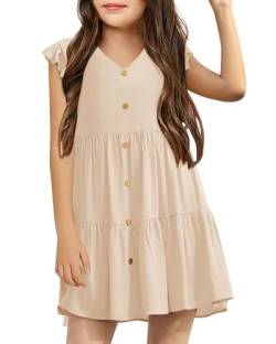 Haloumoning Kleider Sommer für Mädchen Ruffled Sleeves A-line Elegant T-Shirt Kleid Festliches Partykleid V Neck Freizeitkleid Beige 12-14 Jahre von Haloumoning