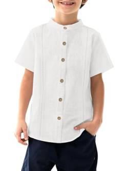 Haloumoning Kurzarm Hemd Jungen Cuban Guayabera Shirt Kinder Baumwolle Casual Shirt Einfarbige Sommer Strand Freizeithemd,Weiß,140 von Haloumoning