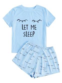 Haloumoning Mädchen Sommer Niedliche Shorts Set Bequem Kurzarm Cartoon bedrucktes Pyjama Set T-Shirt und Kurze Hose Set, Blau, 4-6 Jahre von Haloumoning