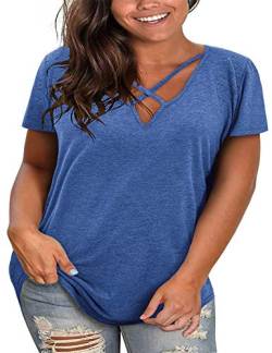 Übergröße Tops für Frauen Sommer Kurzarm Sexy V-Ausschnitt Criss Cross T-Shirts Tunika Casual Lose Weiche T-Shirts, Hell, blau, XX-Large von Haloumoning