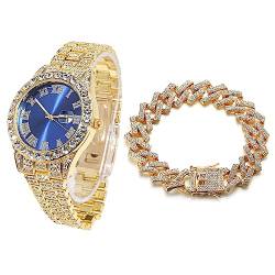 Halukakah Blaues Zifferblatt Diamant Golduhr Iced Out, Männer 18k Echtgold Plattiert Quarz Armband 24cm, mit Kubanische-Kette Armband 20cm, mit Geschenkbox von Halukakah