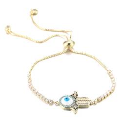 Halukakah Böser Blick Armband für Damen,18K Gelbgold Plattiert Weiß Diamanten Hand Fatima Groß Auge Kettengröße Einstellbar bis 23cm Japanischer Handgemachter Schmuck mit Geschenkbox von Halukakah