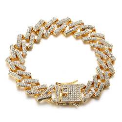 Halukakah Diamant Goldkette Kubanische Herren Iced Out,15MM Fuji 18 Karat echtes Vergoldetes Armband 20cm,Mehrfarbiges Klares Weißes Diamantenzinkenset,Geschenk für Ihn von Halukakah
