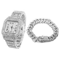 Halukakah Diamant Golduhr, Herren Platin Weiß Vergoldet 40MM Breite Quadrat Wählen Quarz Armband 24cm mit Kubanischer Link Kette 20cm Armband Set, mit Geschenkbox von Halukakah