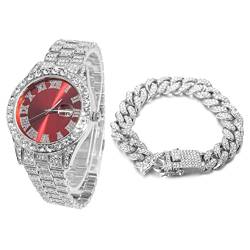 Halukakah Diamant Golduhr, Herren Platin Weiß Vergoldet 42MM Breite Rot Wählen Quarz Armband 24cm mit Kubanischer Link Kette 20cm Armband Set, mit Geschenkbox von Halukakah