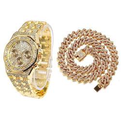 Halukakah Diamant Golduhr Iced Out, Männer 18k Echtgold Plattiert 20mm Breite Quarz Armband 22cm, mit Kubanische-Kette Halskette 45cm, mit Geschenkbox von Halukakah