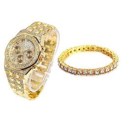 Halukakah Diamant Golduhr Iced Out, Männer 18k Echtgold Plattiert 20mm Breite Quarz Armband 22cm, mit Tennis-Ketten Armband 20cm, Kommt mit Geschenkbox von Halukakah