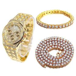 Halukakah Diamant Golduhr Iced Out, Männer 18k Echtgold Plattiert 20mm Breite Quarz Armband 22cm, mit Tennis-Ketten Armband 20cm + Halskette 45cm, Kommt mit Geschenkbox von Halukakah