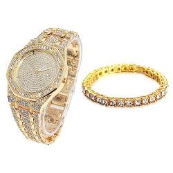 Halukakah Diamant Golduhr Iced Out, Männer 18k Echtgold Plattiert Quarz Armband 22cm Achteckiges Zifferblatt, mit Tennis-Ketten Armband 20cm, Kommt mit Geschenkbox von Halukakah