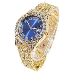 Halukakah Diamant Golduhr Iced Out, Männer 18k Echtgold Plattiert Quarz Armband 24cm Blaues Zifferblatt, Kommt mit Geschenkbox von Halukakah