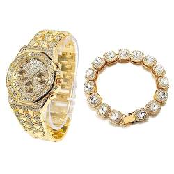 Halukakah Diamant Golduhr für Männer,18k Echtgold Plattiert 20mm Breite Quarz Armband 22cm,mit Diamant-Cluster Tennis-Ketten Armband 20cm,mit Geschenkbox von Halukakah