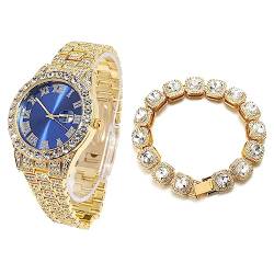 Halukakah Diamant Golduhr für Männer,18k Echtgold Plattiert Quarz Armband 24cm Blaues Zifferblatt,mit Diamant-Cluster Tennis-Ketten Armband 20cm,mit Geschenkbox von Halukakah