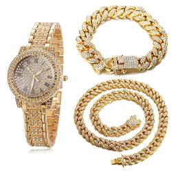 Halukakah Diamanten Gold Uhr,Damen 18K Echtes Gold Plattiert 30MM Breite Round Zifferblatt Quarz Armband 19cm mit Kubanischer Kette 18+40cm Halskette Armband,Kostenlose Geschenkbox von Halukakah