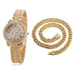 Halukakah Diamanten Gold Uhr,Damen 18K Echtes Gold Plattiert 30MM Breite Round Zifferblatt Quarz Armband 19cm mit Kubanischer Kette 40cm Necklace,Kostenlose Geschenkbox von Halukakah