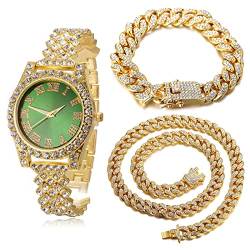 Halukakah Diamanten Gold Uhr,Damen 18K Echtes Gold Plattiert 36MM Breite Grün Zifferblatt Quarz Armband 20cm mit Kubanischer Kette 18+40cm Halskette Armband,Kostenlose Geschenkbox von Halukakah